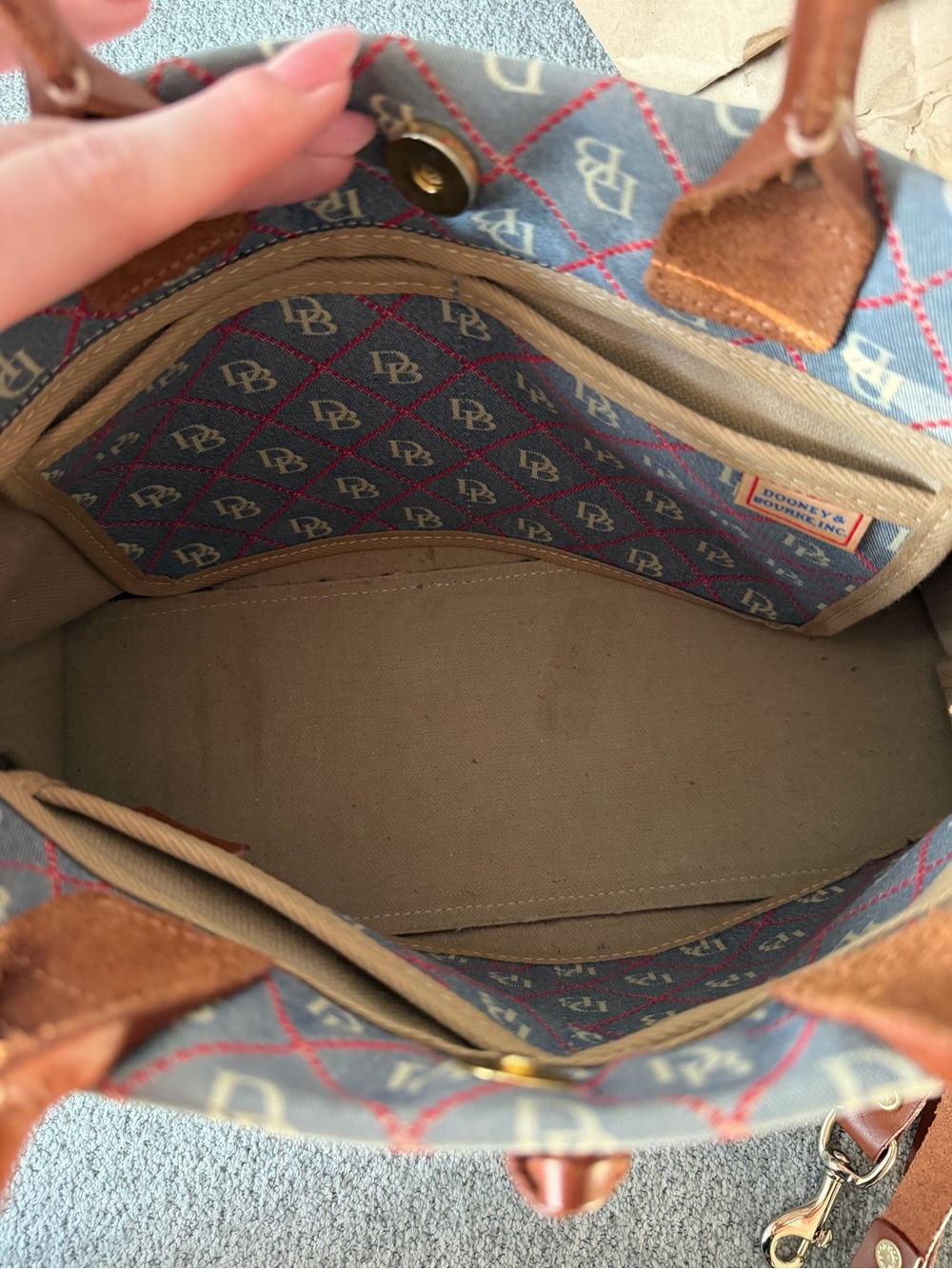 Dooney and Bourke Monogrammed Pattern Gray and Brown Tote Bag with Tassel - Picture 6 of 8